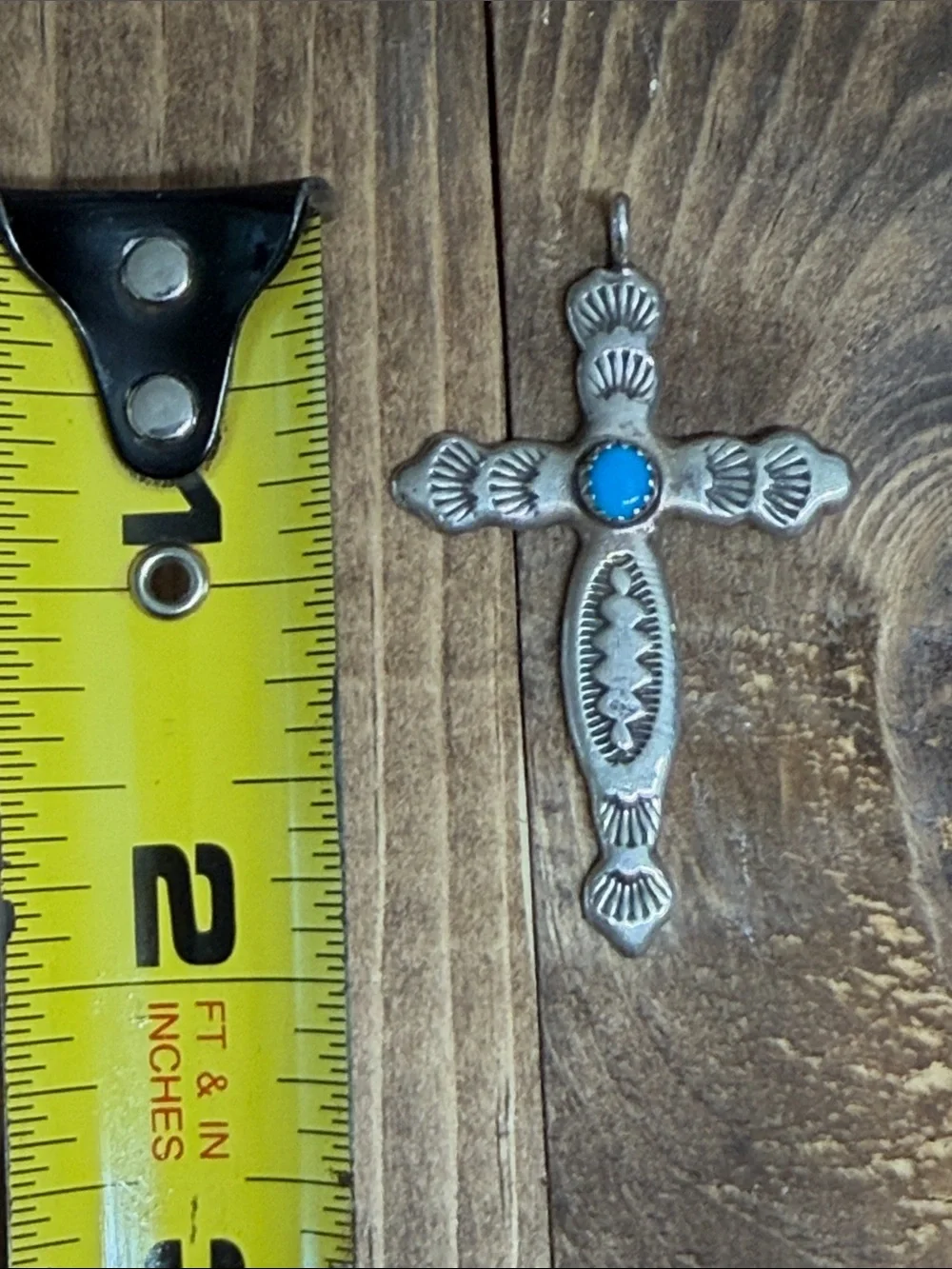 Sterling Silver Hand Stamped Cross Pendant with Turquoise Center